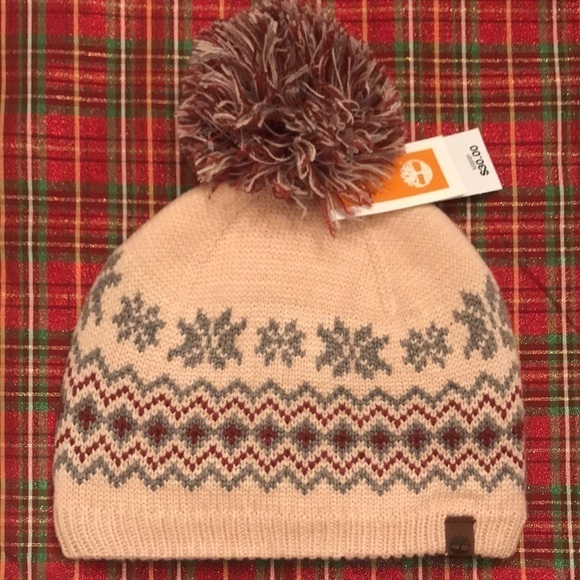 Brand New Timberland Pink Fair Isle Fleece-Lined Pom Beanie Hat - Picture 1 of 12